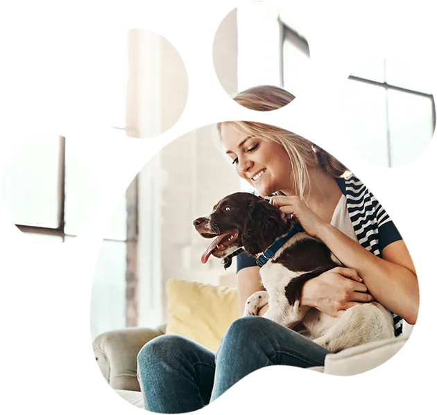 Woman cuddling adorable dog at home.